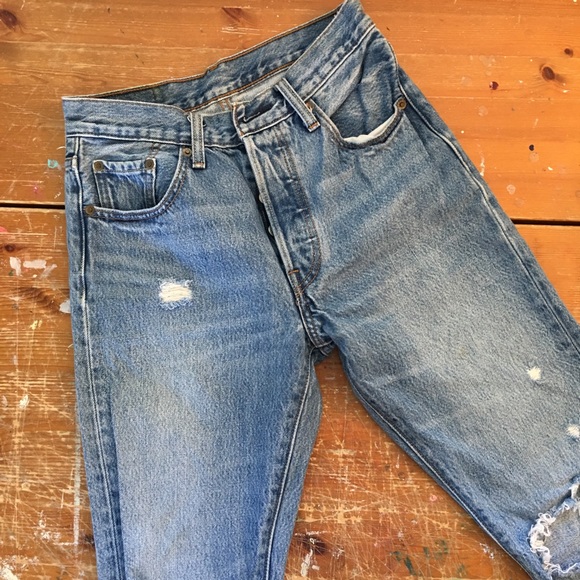 Levi's Denim - Women's Levi’s 501's Jeans, Distressed Denim, 25" W, Button Fly, Destroyed Knees